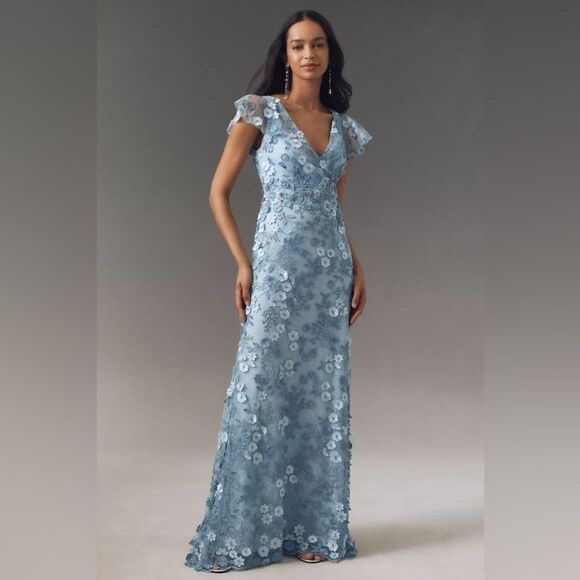 MAC DUGGAL 68192 Blue Embroidered Applique Wrap Over Flutter Sleeve Gown - Picture 2 of 14